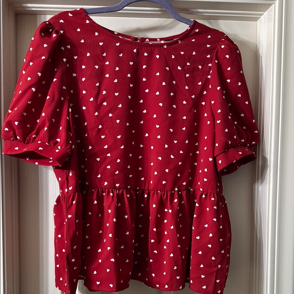 SHEIN puffed sleeve heart print peplum top